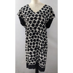 Derek Lam 10 Crosby Silk Shift Dress Black Cream Abstract Print 10 V-neck Lined